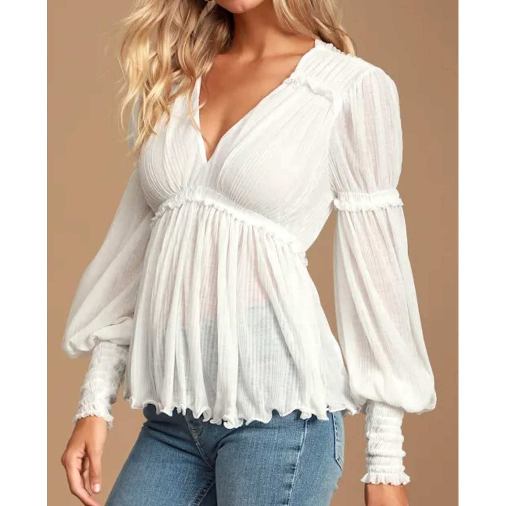 Free People White Sheer V-Neck Smocked Peasant Top